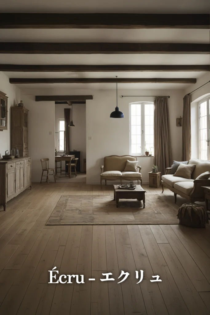 飾らない自然のままの美しさを大切にする、ANTiQの建築商品「Écru（エクリュ）」のリビング。重厚な木の梁と白い塗り壁の空間に、レザーソファやアンティーク家具が静かに佇む、素の自分に戻れる心地よい居場所