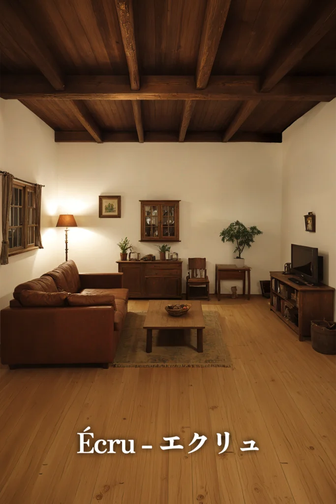 飾らない自然のままの美しさを大切にする、ANTiQの建築商品「Écru(エクリュ)」のリビング。重厚な木の梁と白い塗り壁の空間に、レザーソファやアンティーク家具が静かに佇む、素の自分に戻れる心地よい居場所