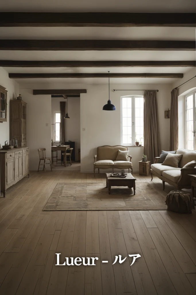 窓から差し込むほのかな光に包まれた、ANTiQの建築商品「Lueur(ルア)」のリビング。落ち着いたトーンのアンティーク家具や木の梁、ペンダントライトが、穏やかで心地よい居場所を演出している